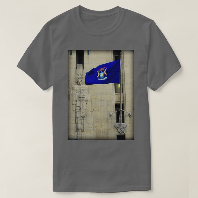 Michigan State Flag On The Guardian Building Detro T-Shirt (Design Front)