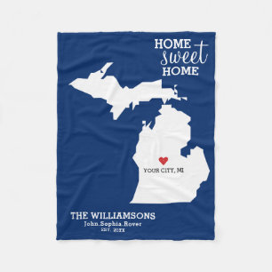 Michigan State Map Custom Names, City Date, Colour Fleece Blanket