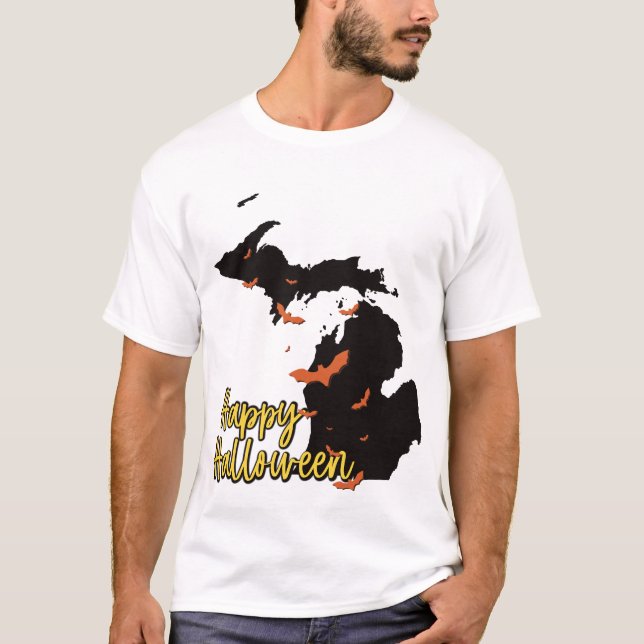 Michigan State Map Happy Halloween Bats T-Shirt (Front)