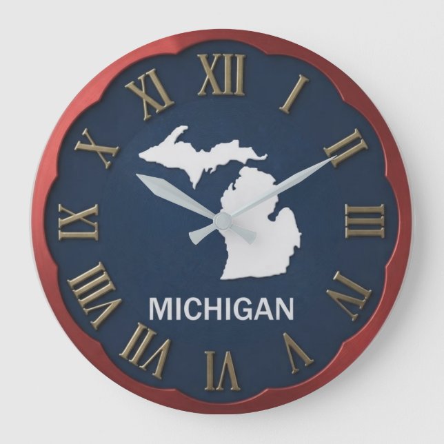 Michigan State Map Scalloped Red Bezel  Large Clock (Front)