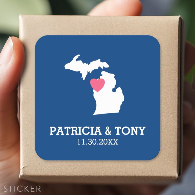 Michigan State Map with Custom Love Heart and Name Square Sticker (Custom Sticker)
