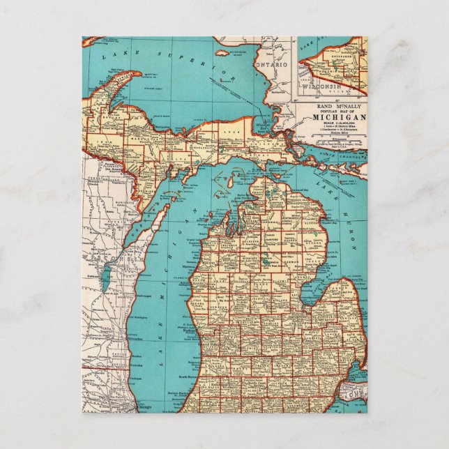 Michigan State Vintage Map Postcard (Front)