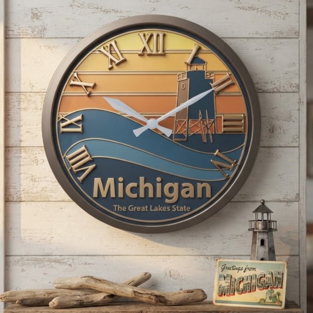 Michigan Sunset and Lighthouse Retro Waves Large Clock (Creator Uploaded)