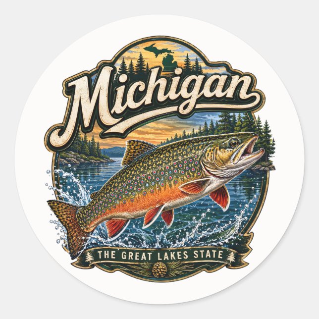 Michigan Trout Great Lakes Classic Round Sticker (Front)