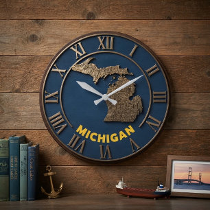  Michigan Typography State Map Blue and Gold  Large Clock