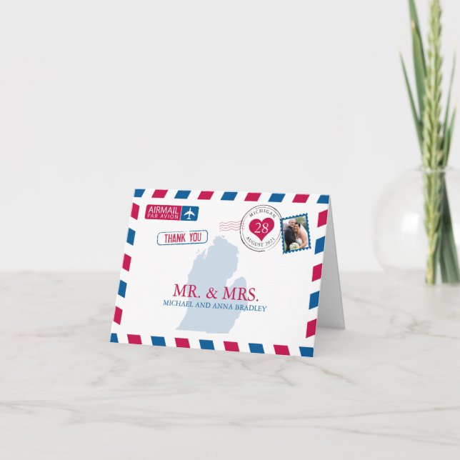 Michigan USA Airmail Wedding Thank You (Front)