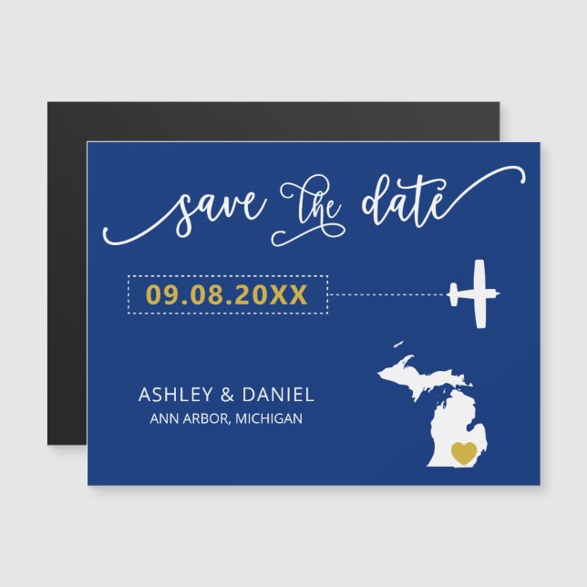 Michigan Wedding Save the Date Card, Map Magnetic Invitation (Front/Back)