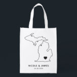 Michigan Wedding Welcome Bag Map Tote with Heart<br><div class="desc">Wedding welcome gift bag featuring map graphic. Your guests will love checking into their hotel and finding this tote filled with treats awaiting them. You may position the heart to the location of your big day using the "customise further" feature.</div>