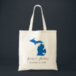 Michigan Wedding Welcome Tote Bag<br><div class="desc">Welcome out of town wedding guests with a bag full of snacks and treats personalised with the state where you're getting married and the bride and groom's names and wedding date. Click Customise It to move the heart to show any city or location on the state map. Use the design...</div>