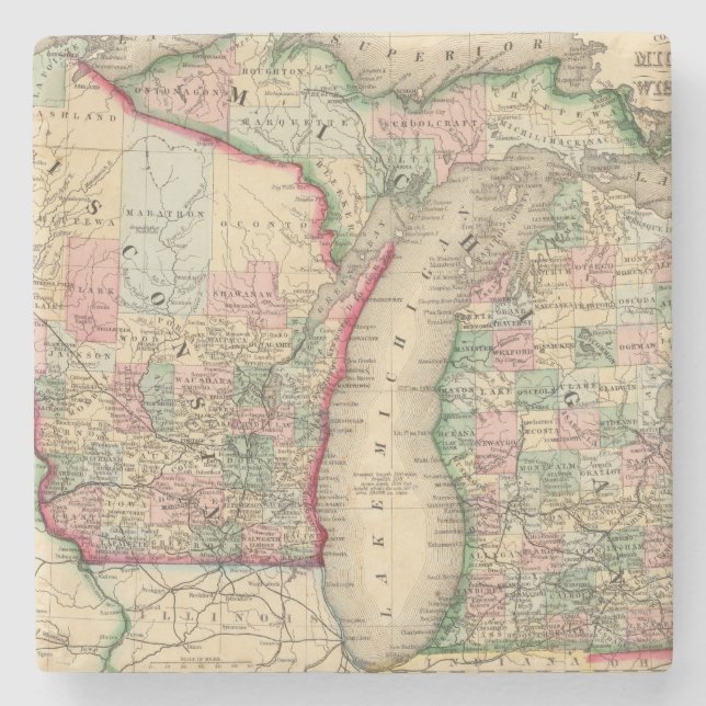 Michigan, Wisconsin Map by Mitchell Stone Coaster (Front)
