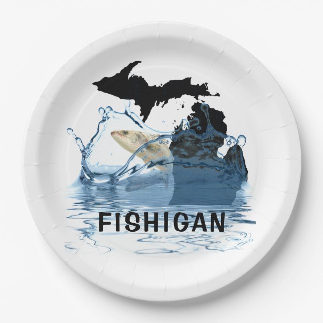 Michigan with big fish in water paper plate (Front)