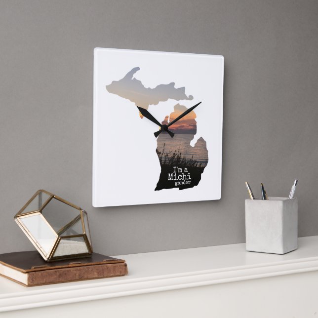 Michigander Silhouette of State With Typography Square Wall Clock (Office)