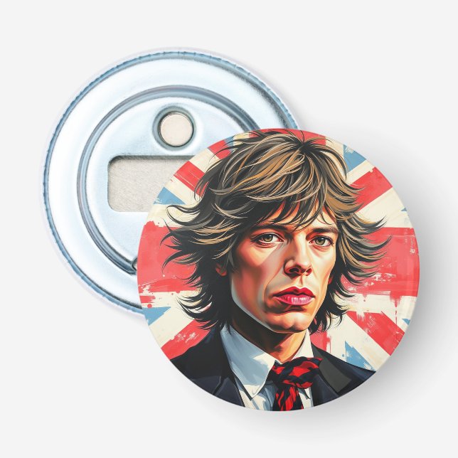 Mick Jagger Rolling Stones in front of a Union Jac Bottle Opener (Front)