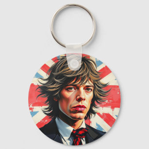 Mick Jagger Rolling Stones in front of a Union Jac Key Ring