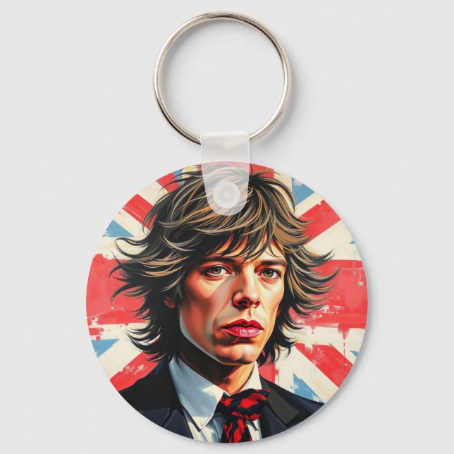 Mick Jagger Rolling Stones in front of a Union Jac Key Ring (Front)