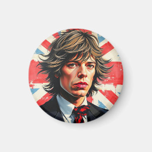 Mick Jagger Rolling Stones in front of a Union Jac Magnet