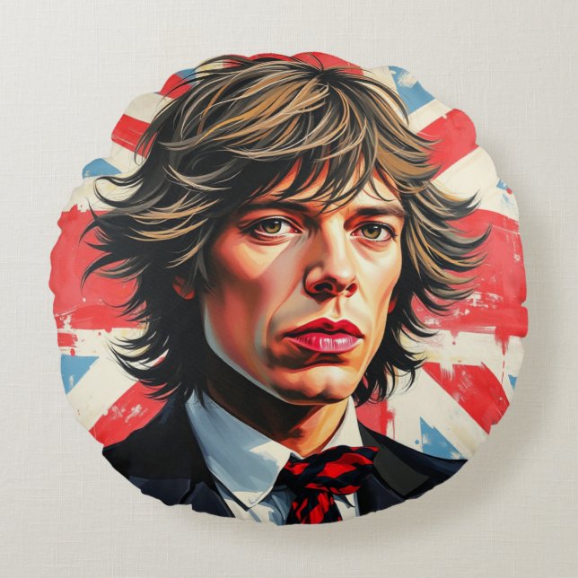 Mick Jagger Rolling Stones in front of a Union Jac Round Cushion (Front)