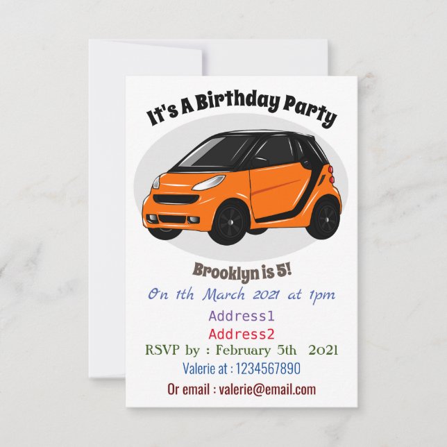 Micro car cartoon illustration invitation (Front)