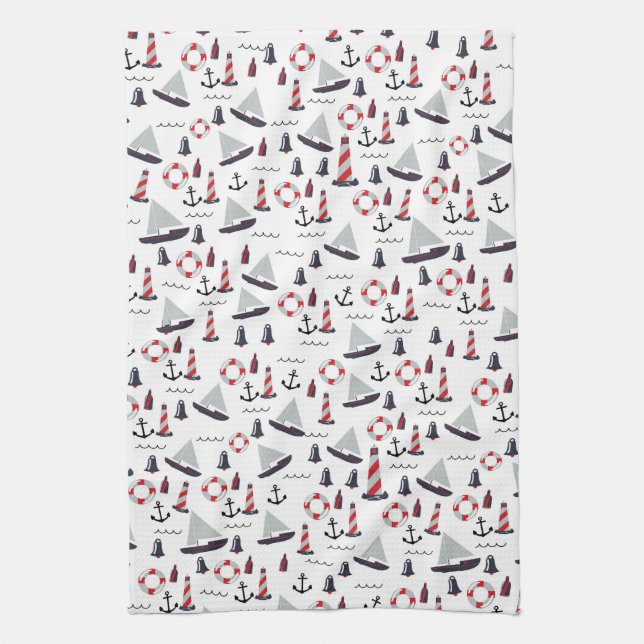 Micro Nautical Pattern vintage style print. Tea Towel (Vertical)