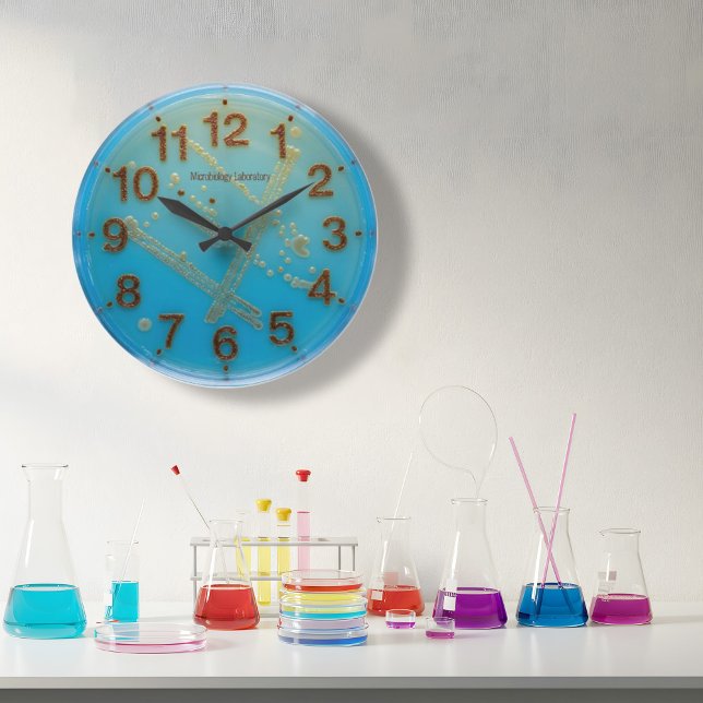Microbiology Wall Clock Lab Home or Office Decor (Visual representation of the clock hanging in a lab. Ideal for enthusiasts of Science & Microbiology)