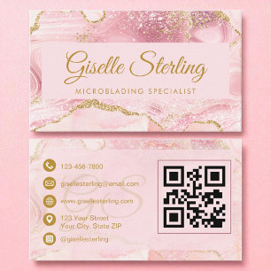 Microblading Blush Pink Gold Agate QR Code Business Card