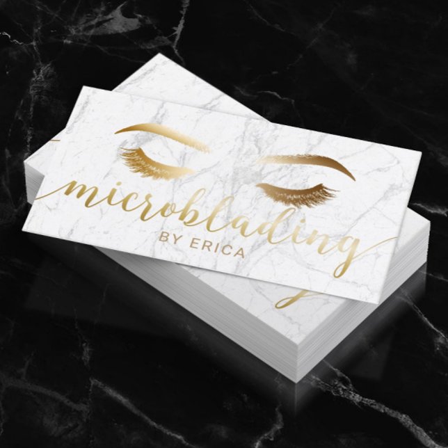 Microblading Brow Makeup Artist Gold Script Marble Business Card (Creator Uploaded)