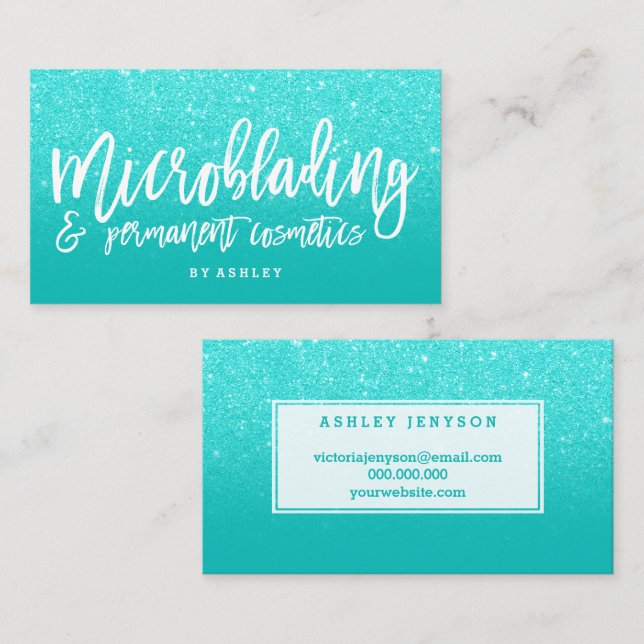 Microblading elegant typography faux aqua glitter business card (Front/Back)