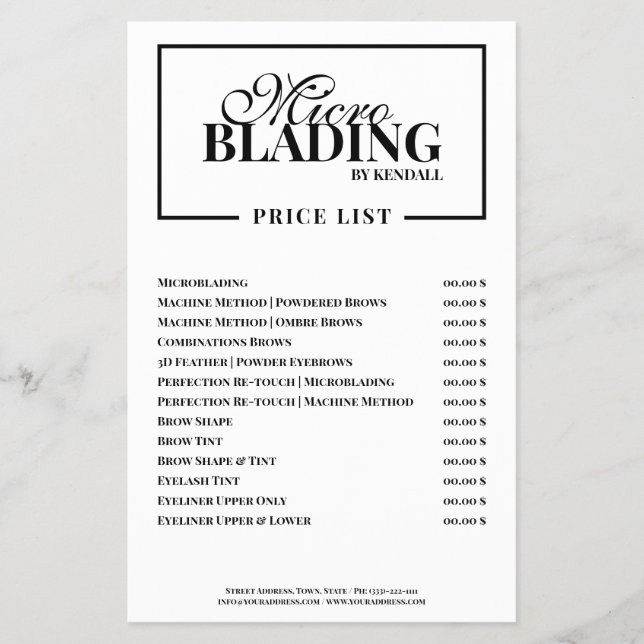 Microblading Eyebrow Bordered Price List Flyer (Front)