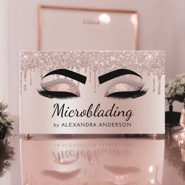 Microblading Eyebrows Dripping Glitter Rose Gold Business Card (Creator Uploaded)