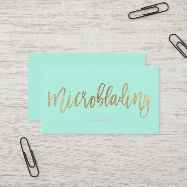 Microblading gold typography aqua pastel business card (Front/Back In Situ)