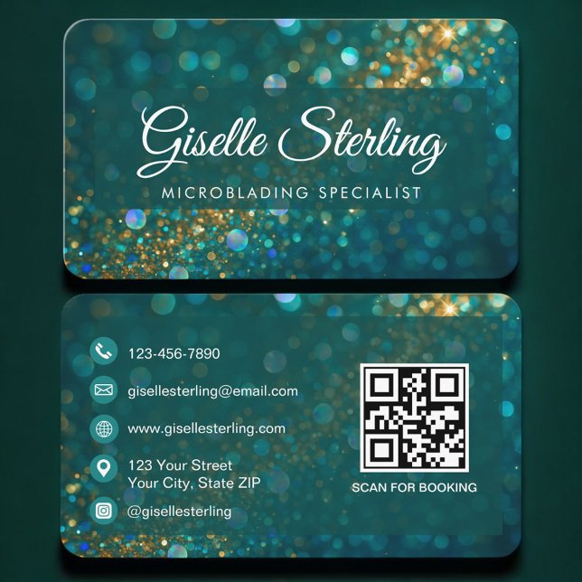 Microblading Green Gold QR Code Professional Business Card (Creator Uploaded)