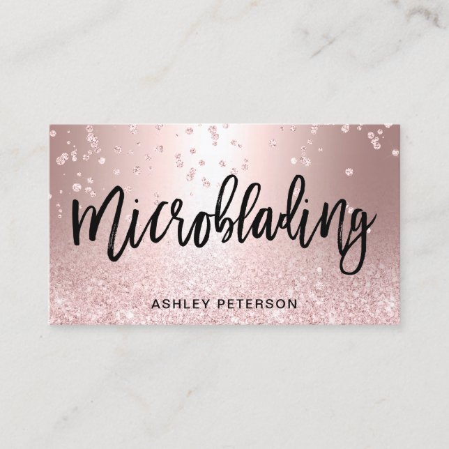 Microblading rose gold glitter metallic confetti business card (Front)