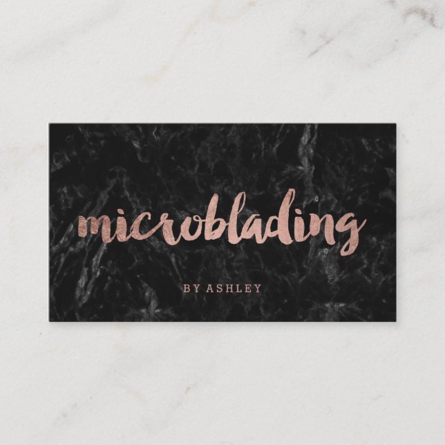Microblading rose gold typography black marble business card (Front)