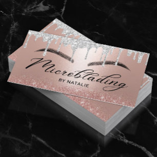 Microblading Silver Drips Rose Gold Typography Business Card