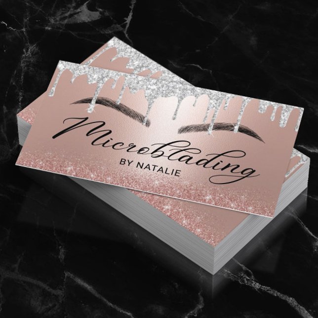 Microblading Silver Drips Rose Gold Typography Business Card (Creator Uploaded)