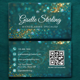 Microblading Teal Gold Glitter QR Code Luxury Business Card
