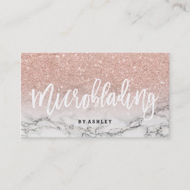 Microblading typography rose gold glitter marble business card (Front)