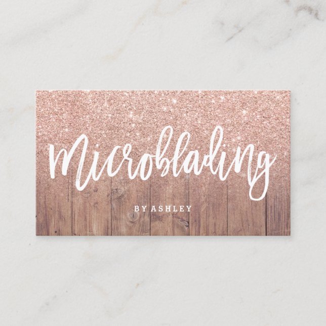 Microblading typography rose gold glitter wood business card (Front)