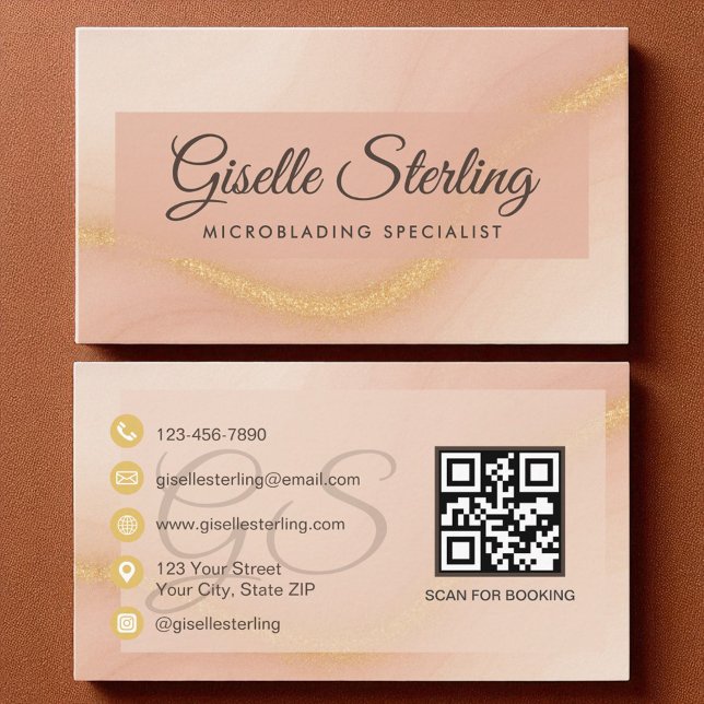 Microblading Watercolor Gold Monogram QR Code Business Card (Creator Uploaded)