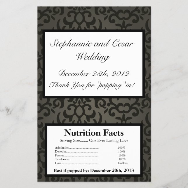 Microwave Popcorn Wrapper Black and Grey Damask (Front)