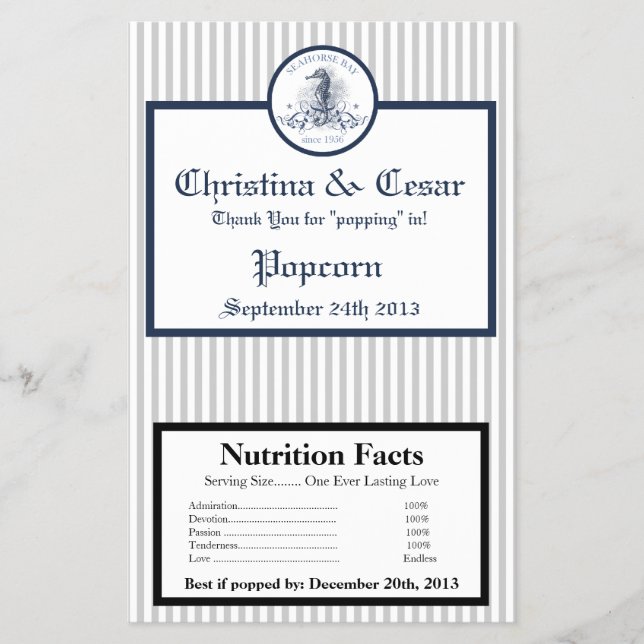 Microwave Popcorn Wrapper Blue Seahorse stripes be (Front)