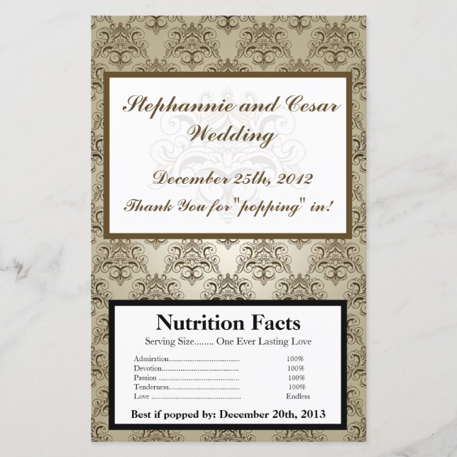 Microwave Popcorn Wrapper Tanish Brown Damask (Front)