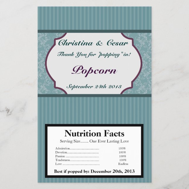 Microwave Popcorn Wrapper Teal Blue Damask/Stripes (Front)