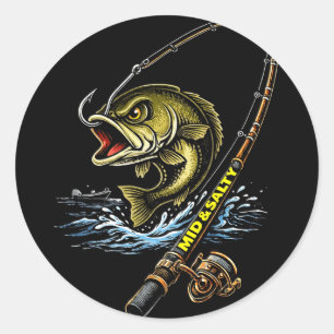 Mid & salty angry bass fishing colour classic round sticker
