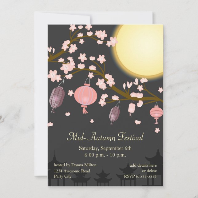 Mid Autumn Festival Flowering Tree Lanterns Invitation (Front)