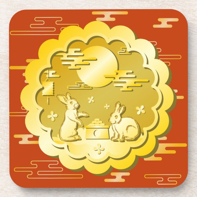 Mid Autumn Festival Gold Mooncake Moon Rabbit Coaster (Front)