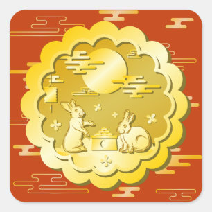 Mid Autumn Festival Gold Mooncake Moon Rabbit Square Sticker