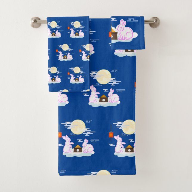 Mid Autumn Festival Moon Rabbit Mooncake Clouds Bath Towel Set (Insitu)