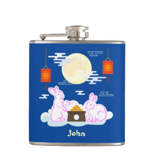 Mid Autumn Festival Moon Rabbit Mooncake Clouds Hip Flask