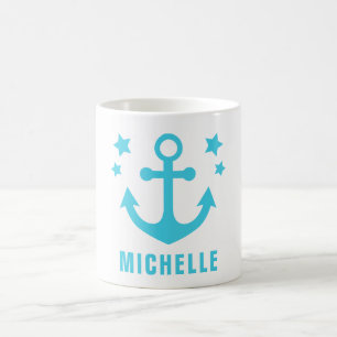 Mid Blue Anchor Nautical Clipart & Stars Coffee Mug